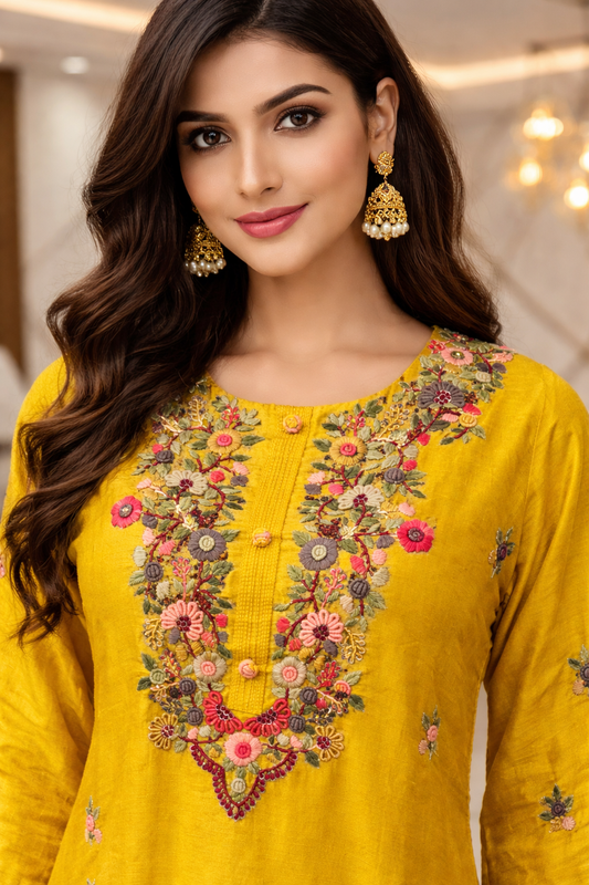 Mustard Yellow Floral Embroidered Kurta Set