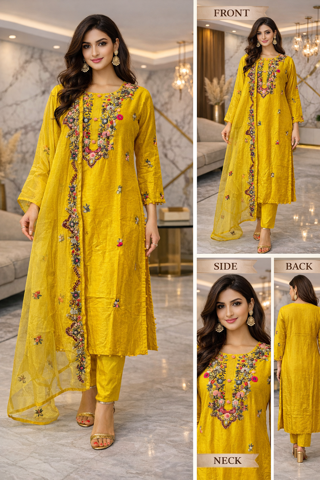 Mustard Yellow Floral Embroidered Kurta Set