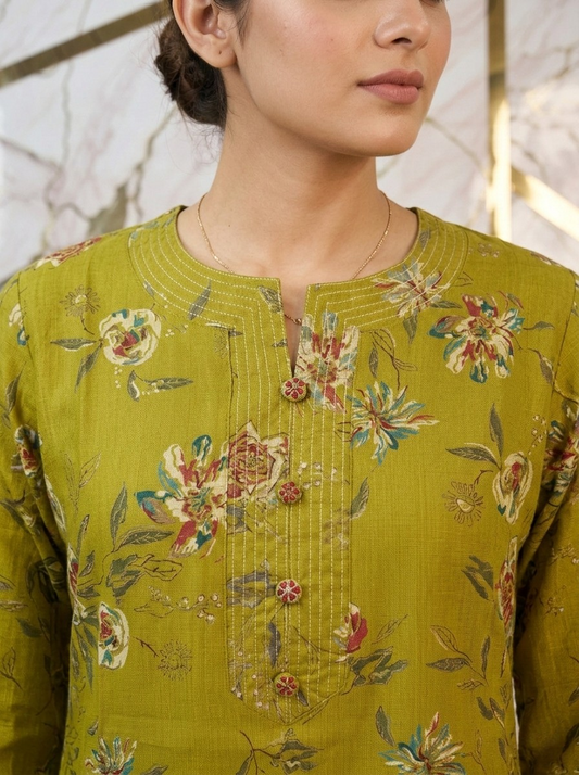 Premium Olive Green Floral Design Kurta Pant Set for Women