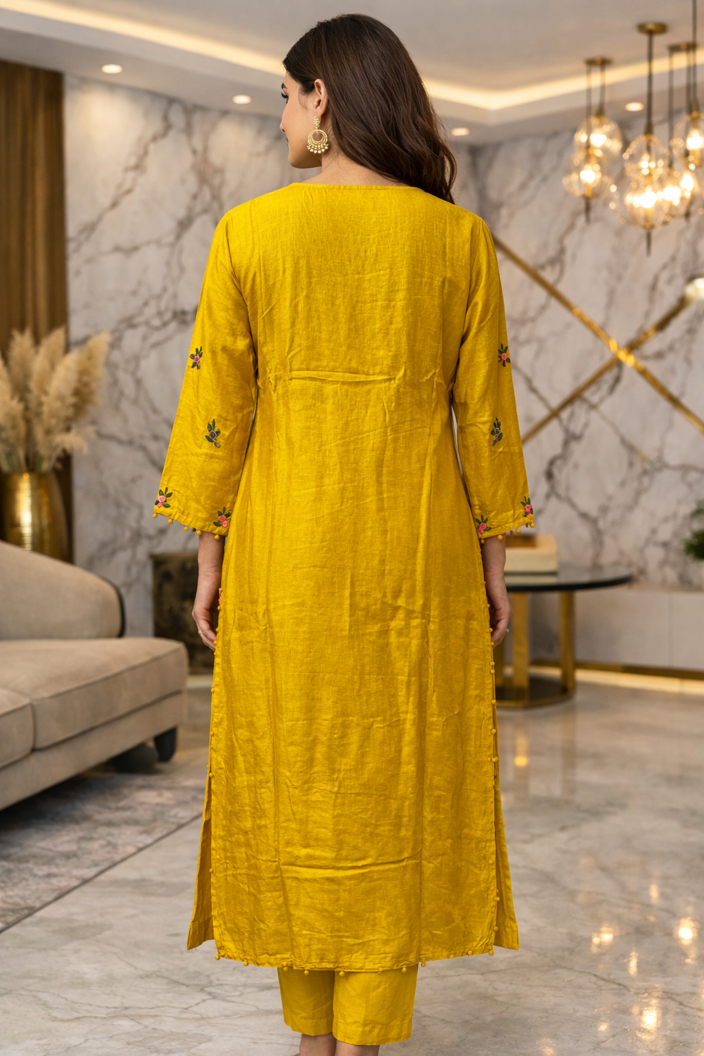 Mustard Yellow Floral Embroidered Kurta Set