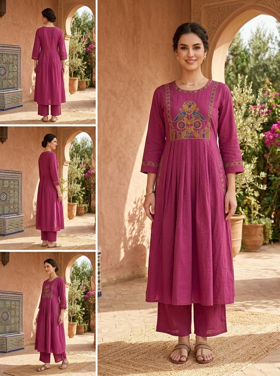 Royal Magenta Embroidered Kurta pant Set