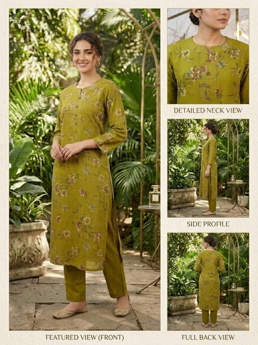 Premium Olive Green Floral Design Kurta Pant Set for Women