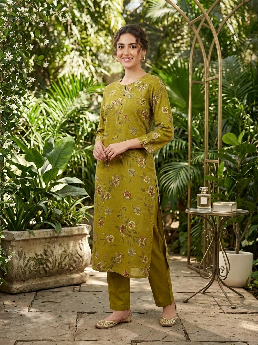 Premium Olive Green Floral Design Kurta Pant Set for Women