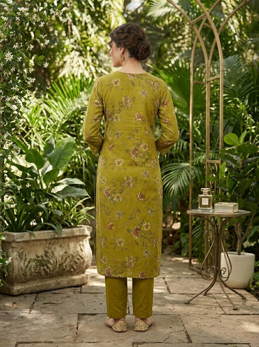 Premium Olive Green Floral Design Kurta Pant Set for Women
