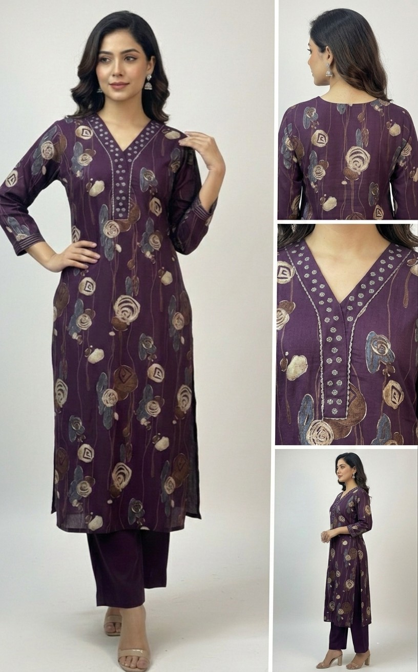 Elegant Plum Floral Printed Kurti Set