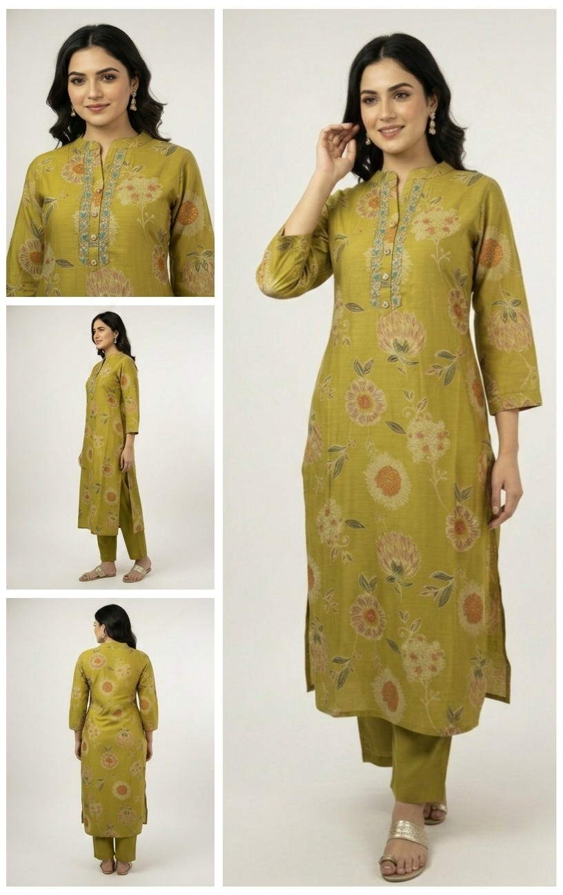 Olive Green Floral Printed Kurti Set