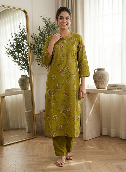 Premium Olive Green Floral Design Kurta Pant Set for Women