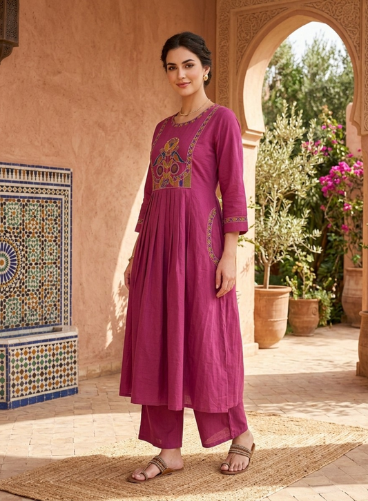 Royal Magenta Embroidered Kurta pant Set