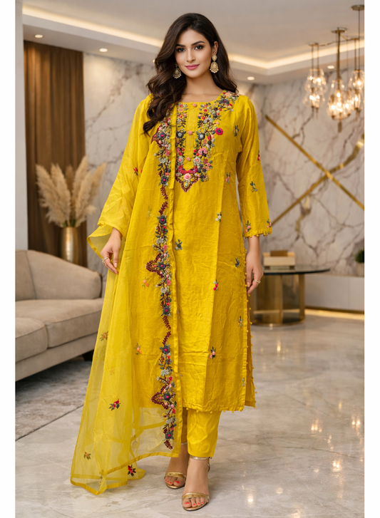 Mustard Yellow Floral Embroidered Kurta Set