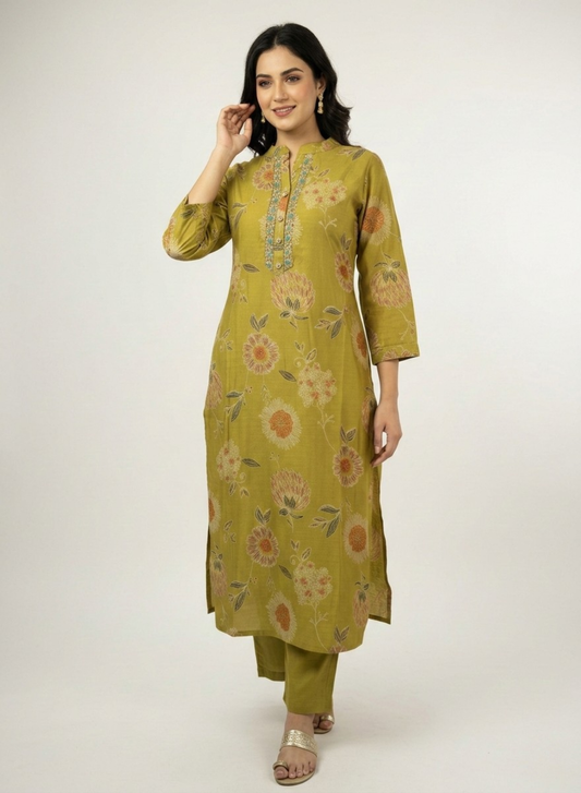 Olive Green Floral Printed Kurti Set