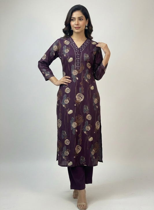 Elegant Plum Floral Printed Kurti Set