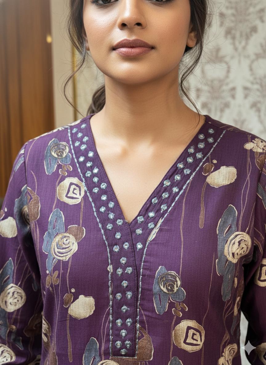 Elegant Plum Floral Printed Kurti Set