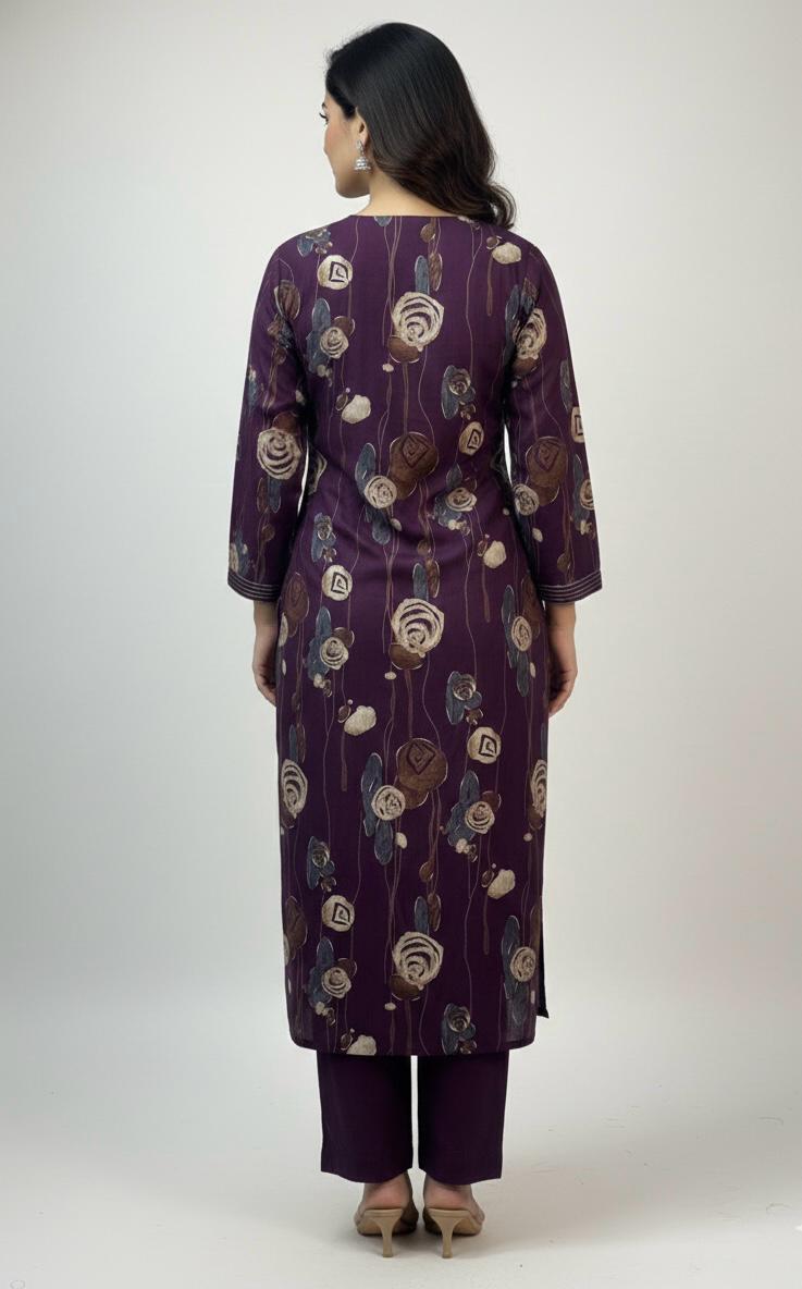 Elegant Plum Floral Printed Kurti Set