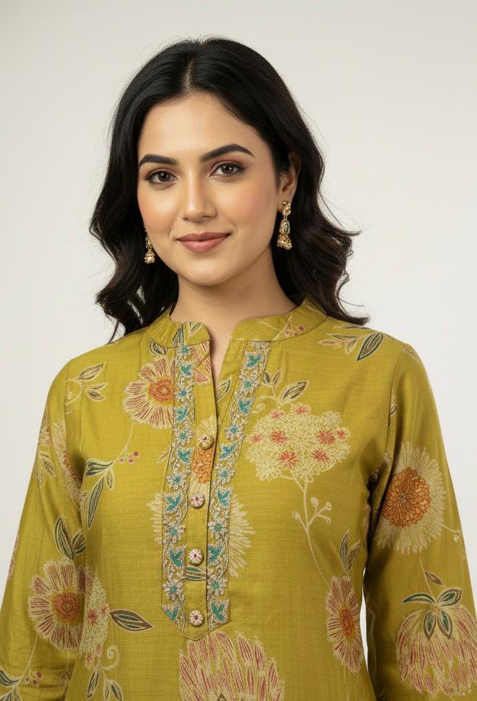 Olive Green Floral Printed Kurti Set